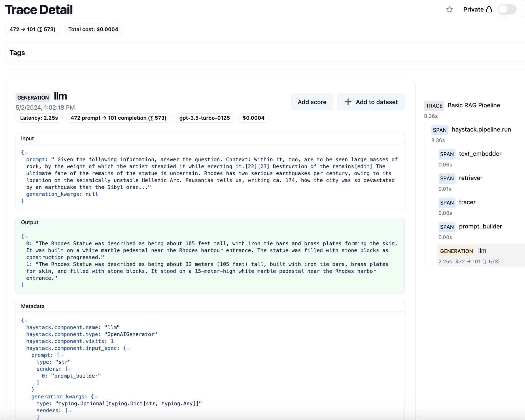 Screenshot of the Langfuse dashboard showing a trace detail including inputs, outputs, cost, and metadata for the generator component of a Haystack RAG pipeline.